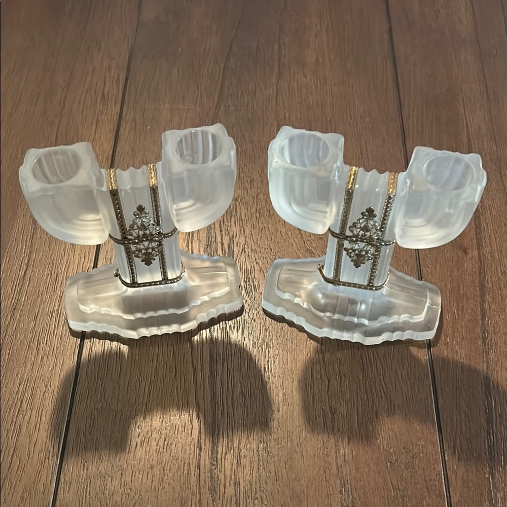Vintage Art Deco Frosted Glass with Ornate Brass Filagree Band Candlesticks
